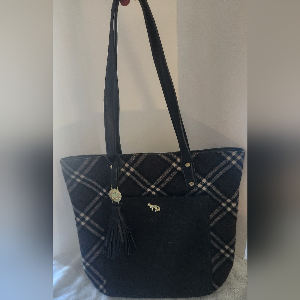 Emma Fox Black Plaid Tote with Tassel